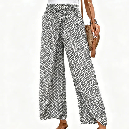 Pantalon large à taille smockée et fente pour femme