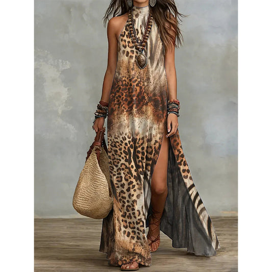 Robe longue fluide sans manches à imprimé floral pour femme