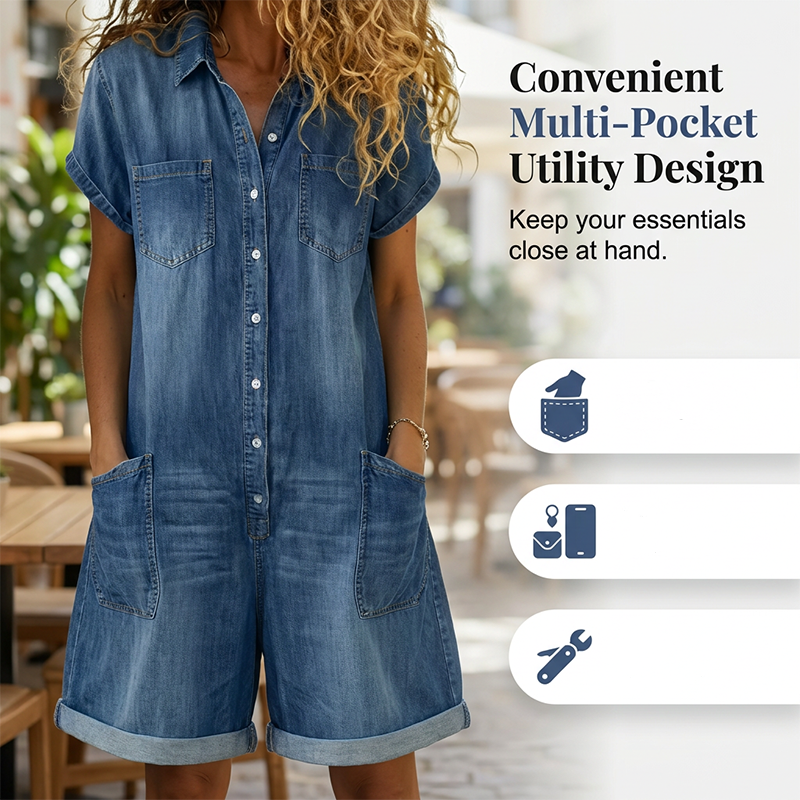 🔥PROMOTION EXCEPTIONNELLE : -50 %🔥 Combinaison-short en jean décontractée à manches courtes pour femme