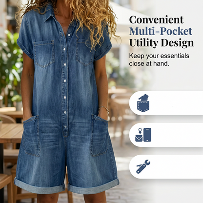 🔥PROMOTION EXCEPTIONNELLE : -50 %🔥 Combinaison-short en jean décontractée à manches courtes pour femme