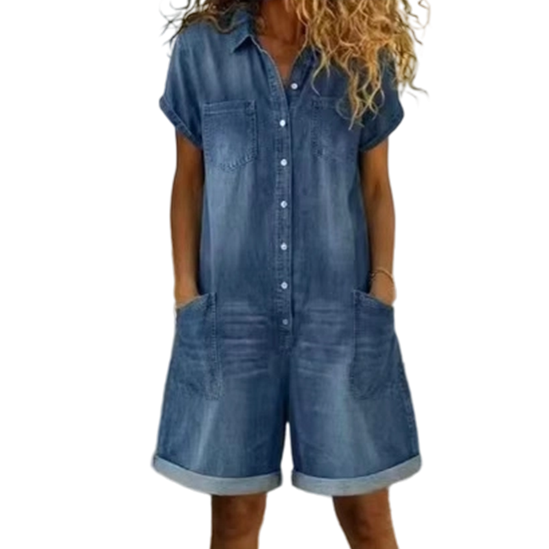 🔥PROMOTION EXCEPTIONNELLE : -50 %🔥 Combinaison-short en jean décontractée à manches courtes pour femme
