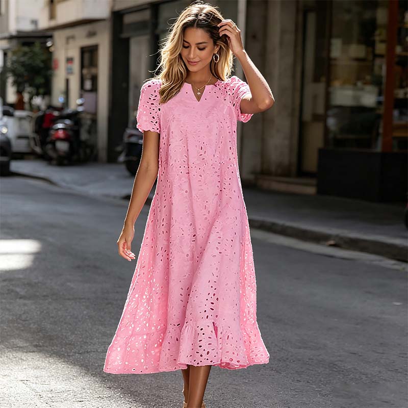 Robe élégante à col en V et manches courtes pour femme