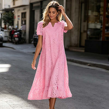 Robe élégante à col en V et manches courtes pour femme