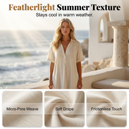 ⏳🔥50 % DE RÉDUCTION POUR UNE DURÉE LIMITÉE ! 👗 Élégante robe à manches courtes pour femme, en coton et lin, avec col – légère, chic et confortable ✨