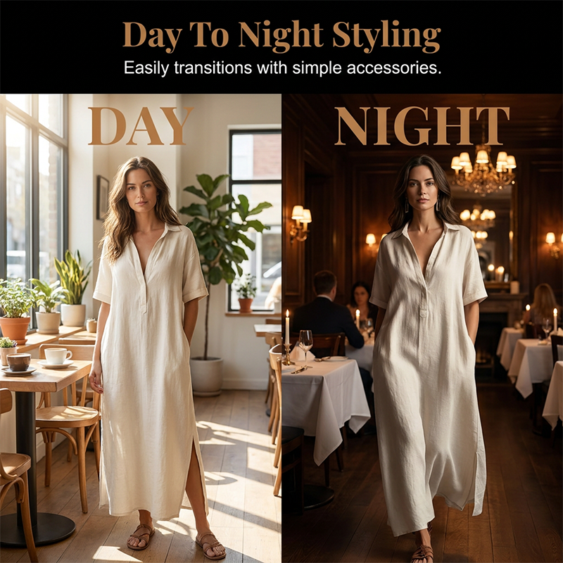⏳🔥50 % DE RÉDUCTION POUR UNE DURÉE LIMITÉE ! 👗 Élégante robe à manches courtes pour femme, en coton et lin, avec col – légère, chic et confortable ✨