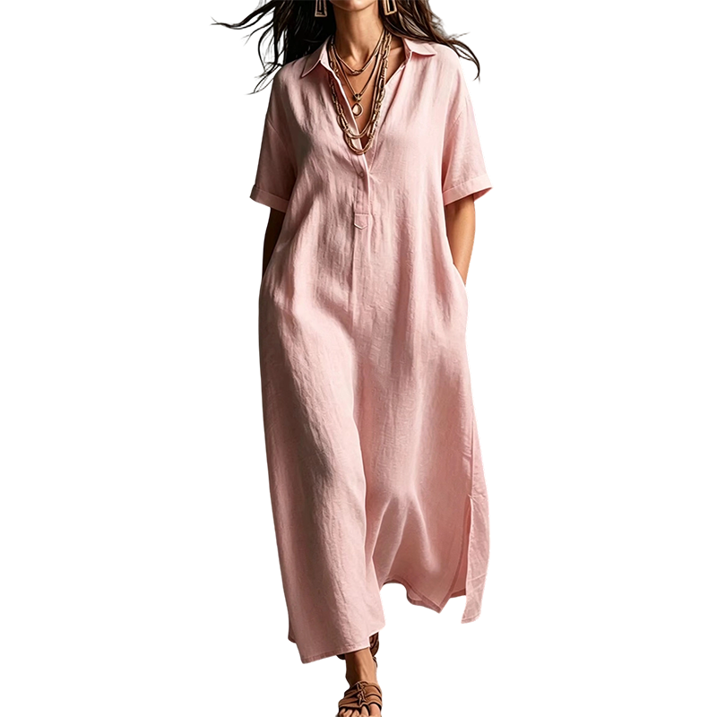 ⏳🔥50 % DE RÉDUCTION POUR UNE DURÉE LIMITÉE ! 👗 Élégante robe à manches courtes pour femme, en coton et lin, avec col – légère, chic et confortable ✨