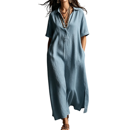 ⏳🔥50 % DE RÉDUCTION POUR UNE DURÉE LIMITÉE ! 👗 Élégante robe à manches courtes pour femme, en coton et lin, avec col – légère, chic et confortable ✨