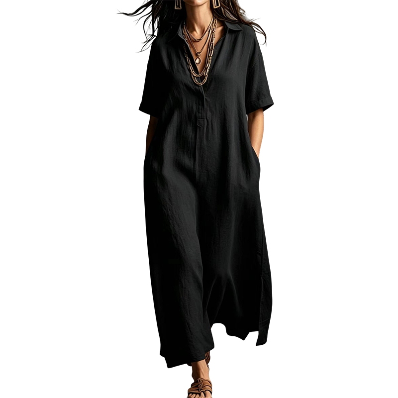 ⏳🔥50 % DE RÉDUCTION POUR UNE DURÉE LIMITÉE ! 👗 Élégante robe à manches courtes pour femme, en coton et lin, avec col – légère, chic et confortable ✨