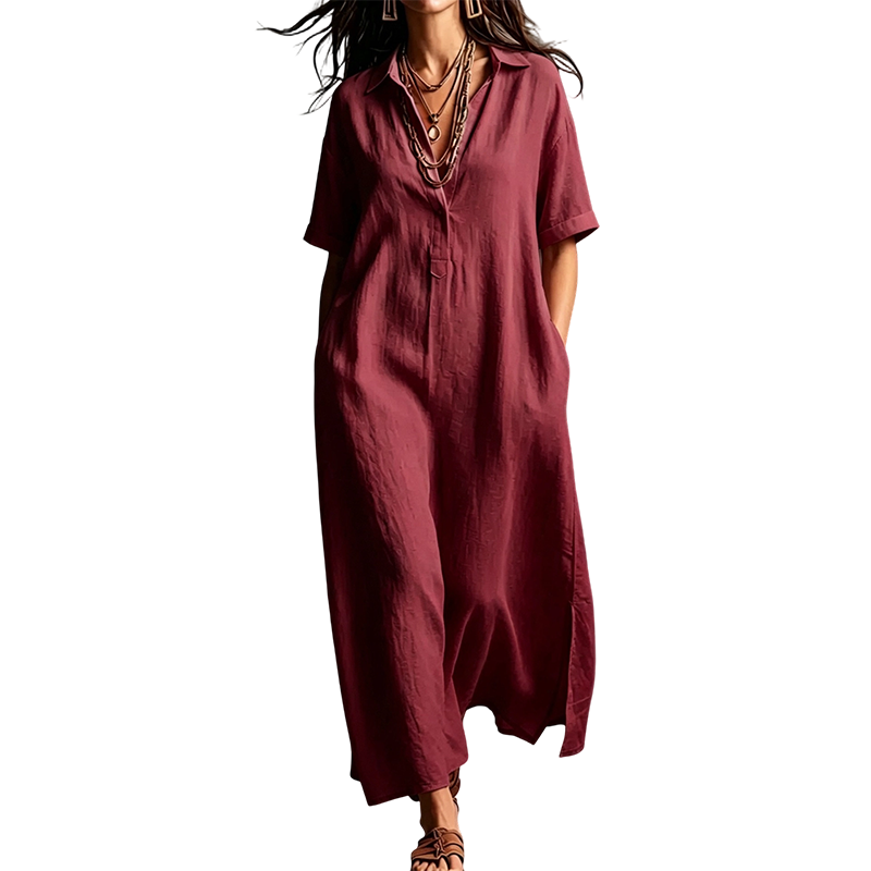 ⏳🔥50 % DE RÉDUCTION POUR UNE DURÉE LIMITÉE ! 👗 Élégante robe à manches courtes pour femme, en coton et lin, avec col – légère, chic et confortable ✨