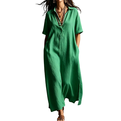 ⏳🔥50 % DE RÉDUCTION POUR UNE DURÉE LIMITÉE ! 👗 Élégante robe à manches courtes pour femme, en coton et lin, avec col – légère, chic et confortable ✨