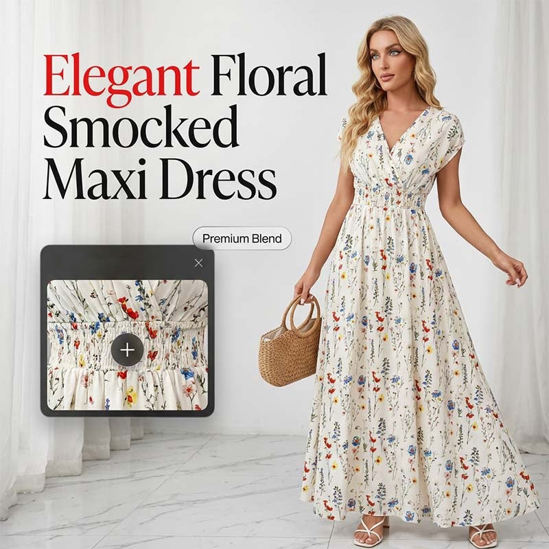 Robe longue à fleurs pour femme, col en V et taille smockée