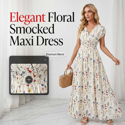 Robe longue à fleurs pour femme, col en V et taille smockée