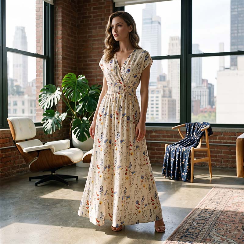 Robe longue à fleurs pour femme, col en V et taille smockée