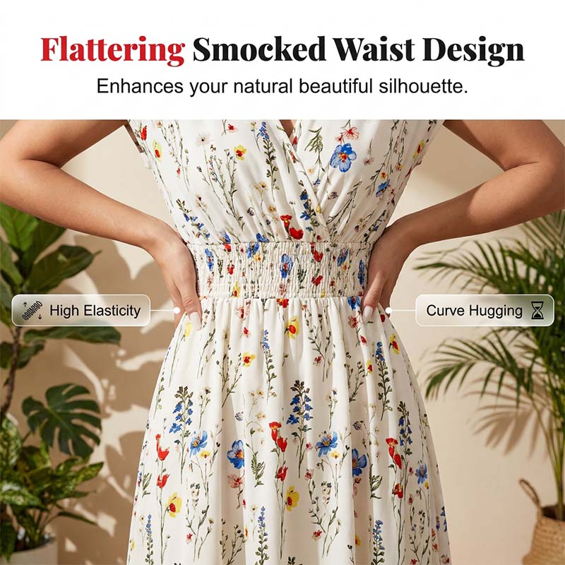 Robe longue à fleurs pour femme, col en V et taille smockée