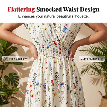 Robe longue à fleurs pour femme, col en V et taille smockée