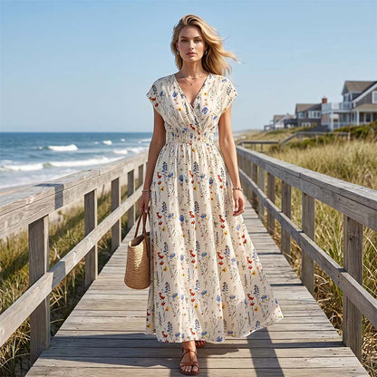 Robe longue à fleurs pour femme, col en V et taille smockée