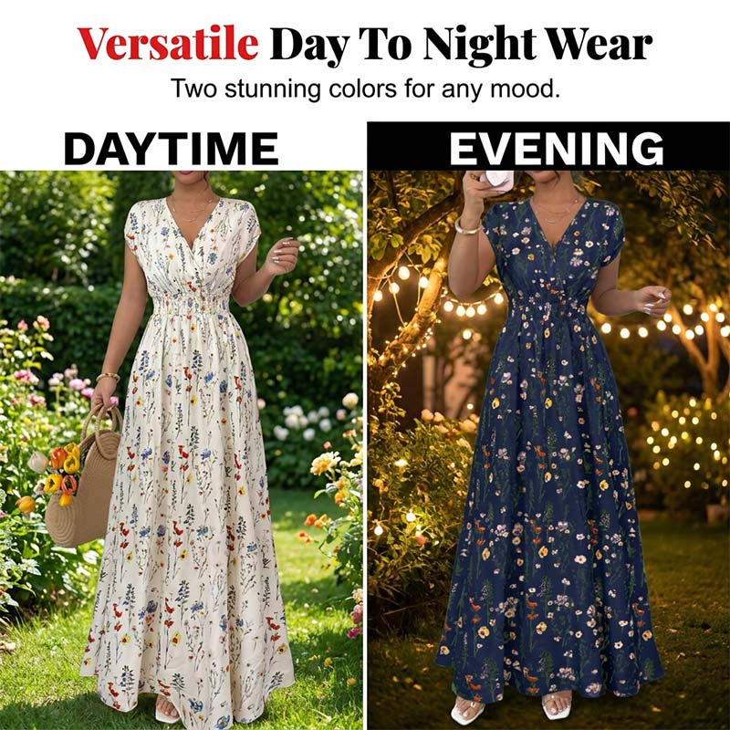 Robe longue à fleurs pour femme, col en V et taille smockée
