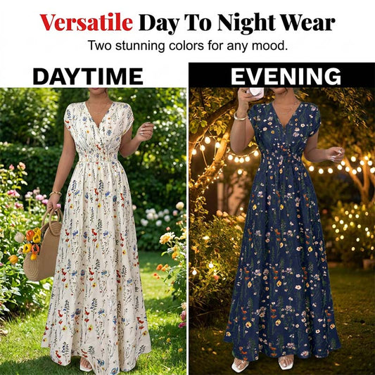 Robe longue à fleurs pour femme, col en V et taille smockée