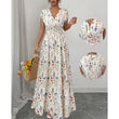 Robe longue à fleurs pour femme, col en V et taille smockée