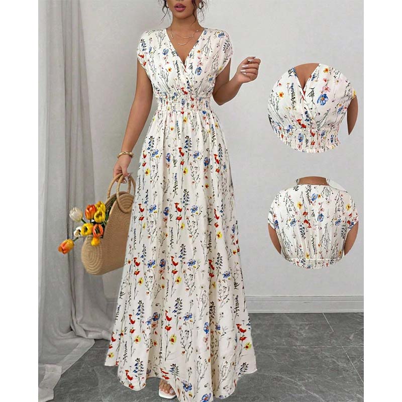 Robe longue à fleurs pour femme, col en V et taille smockée