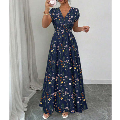 Robe longue à fleurs pour femme, col en V et taille smockée