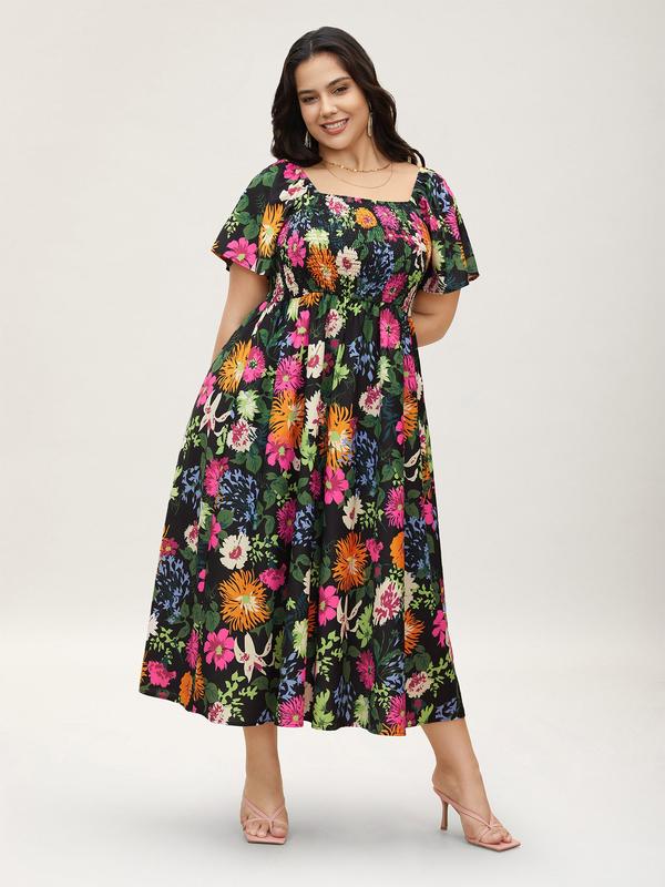 ⏰Soldes d'été : 70 % de réduction💃Robe midi à fleurs, col carré et smocks, avec poches