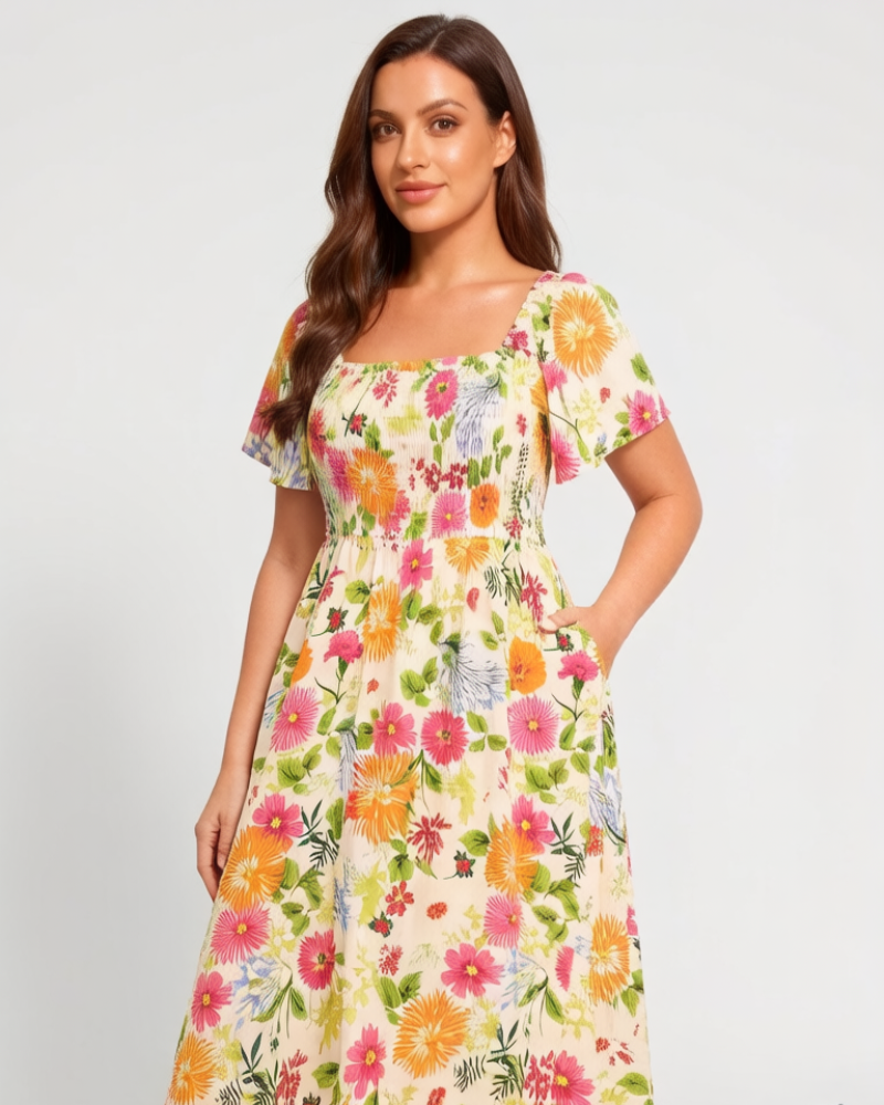 ⏰Soldes d'été : 70 % de réduction💃Robe midi à fleurs, col carré et smocks, avec poches