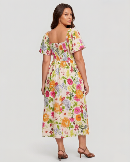 ⏰Soldes d'été : 70 % de réduction💃Robe midi à fleurs, col carré et smocks, avec poches