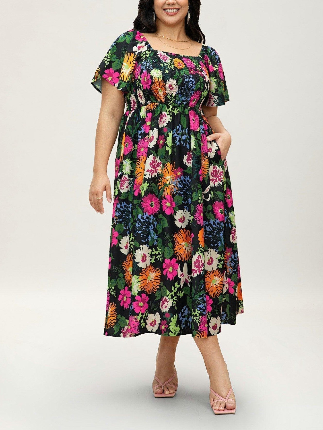 ⏰Soldes d'été : 70 % de réduction💃Robe midi à fleurs, col carré et smocks, avec poches