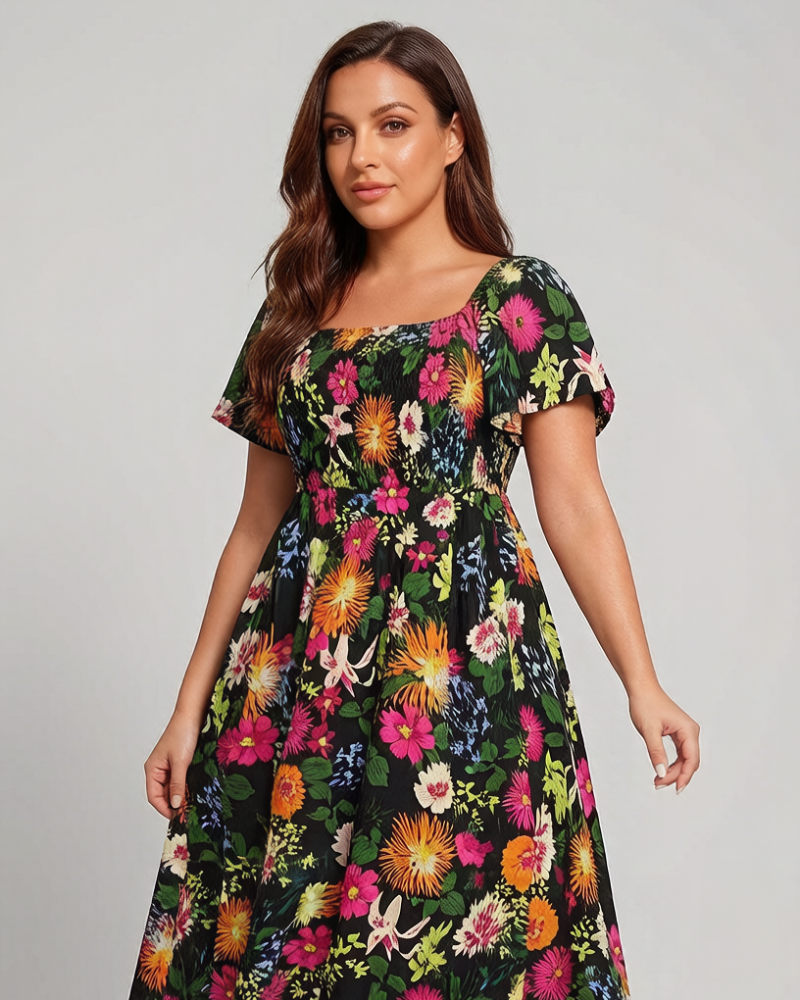 ⏰Soldes d'été : 70 % de réduction💃Robe midi à fleurs, col carré et smocks, avec poches
