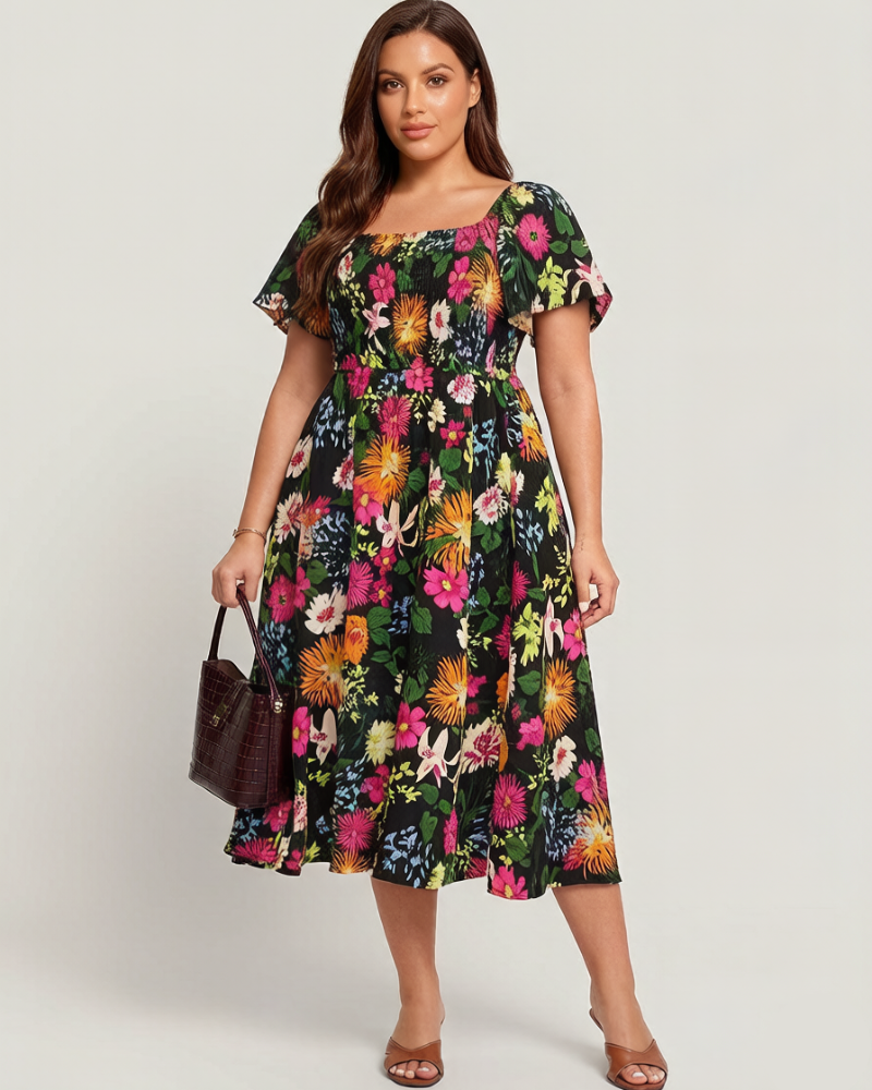 ⏰Soldes d'été : 70 % de réduction💃Robe midi à fleurs, col carré et smocks, avec poches