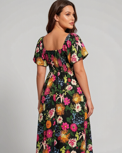 ⏰Soldes d'été : 70 % de réduction💃Robe midi à fleurs, col carré et smocks, avec poches