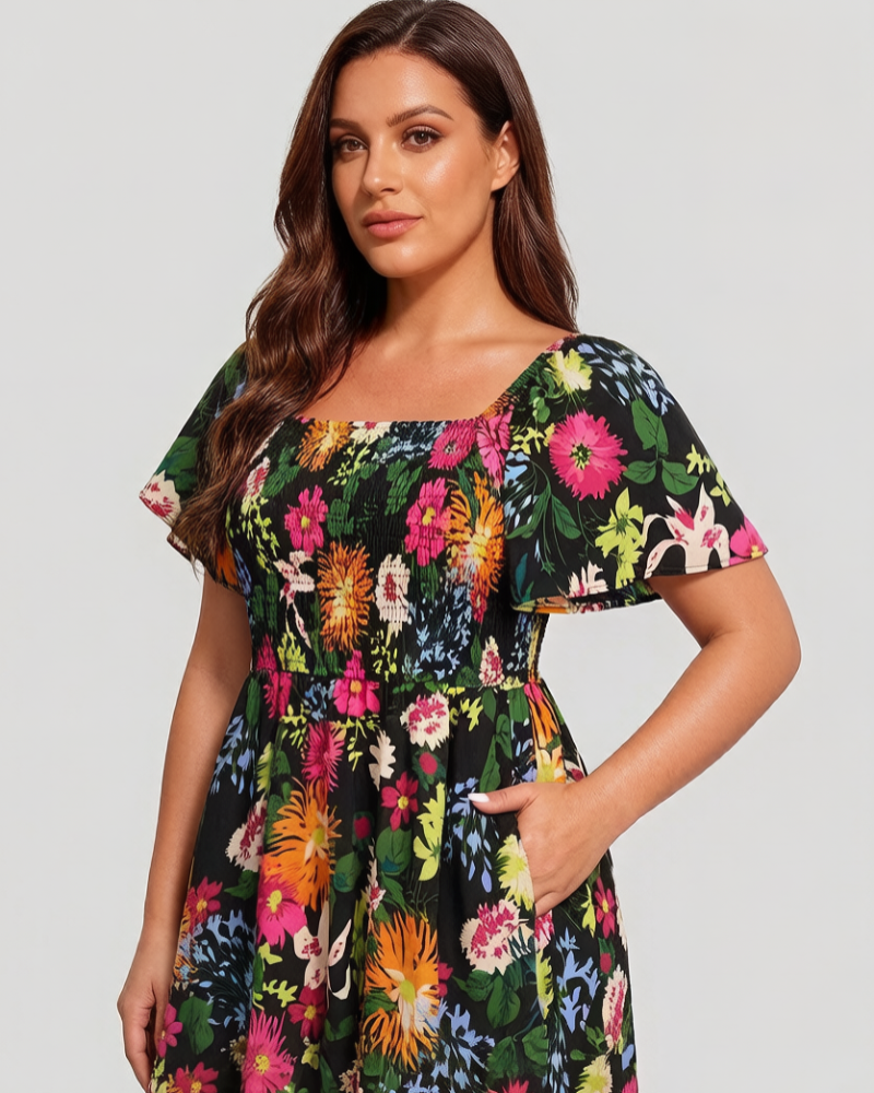 ⏰Soldes d'été : 70 % de réduction💃Robe midi à fleurs, col carré et smocks, avec poches