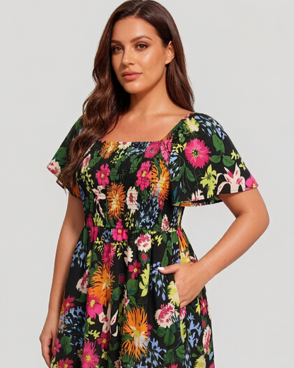 ⏰Soldes d'été : 70 % de réduction💃Robe midi à fleurs, col carré et smocks, avec poches