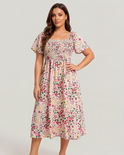 ⏰Soldes d'été : 70 % de réduction💃Robe midi à fleurs, col carré et smocks, avec poches