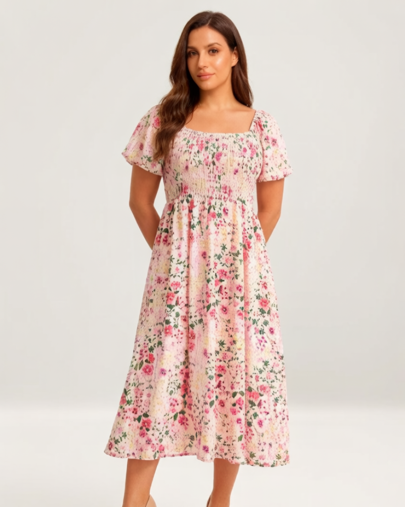⏰Soldes d'été : 70 % de réduction💃Robe midi à fleurs, col carré et smocks, avec poches