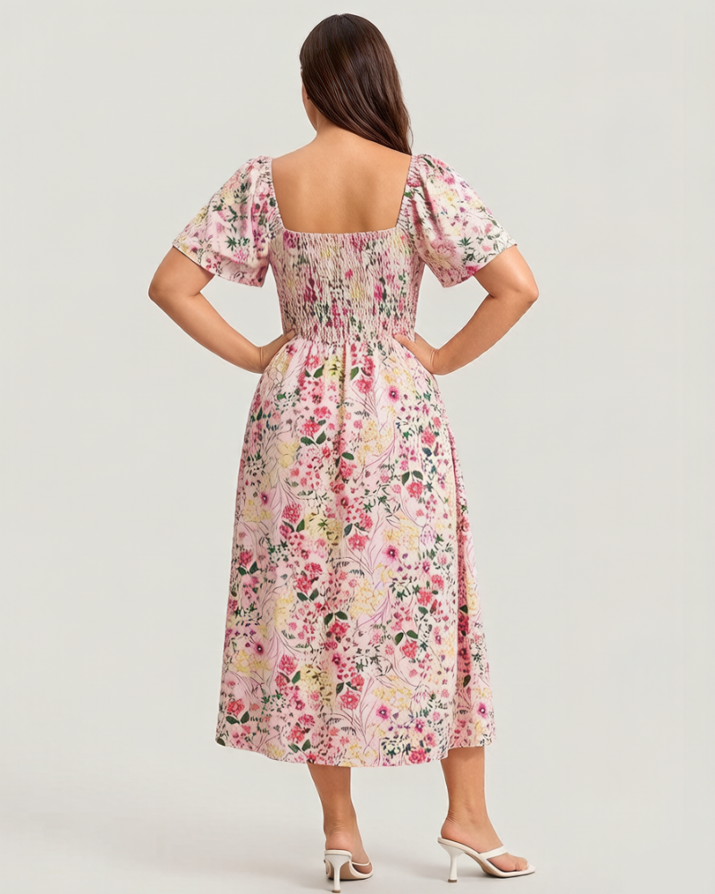 ⏰Soldes d'été : 70 % de réduction💃Robe midi à fleurs, col carré et smocks, avec poches