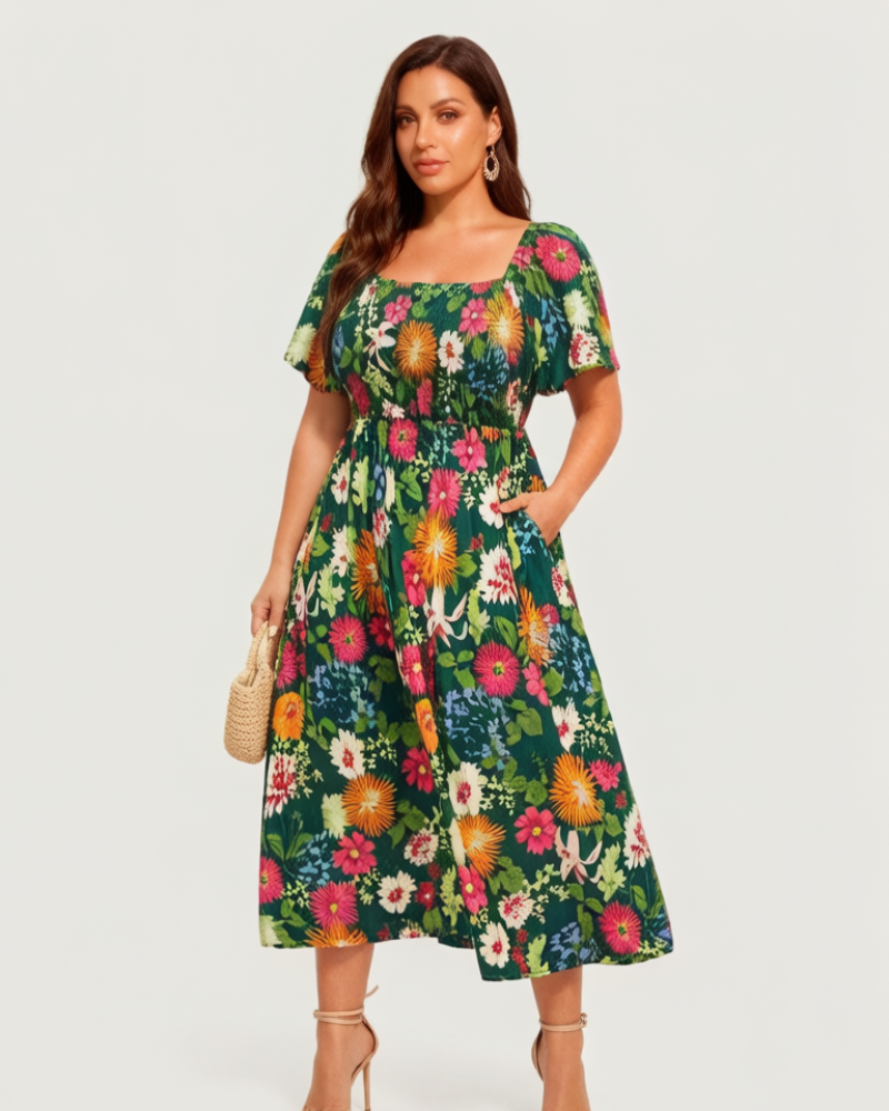 ⏰Soldes d'été : 70 % de réduction💃Robe midi à fleurs, col carré et smocks, avec poches
