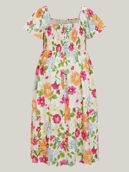 ⏰Soldes d'été : 70 % de réduction💃Robe midi à fleurs, col carré et smocks, avec poches