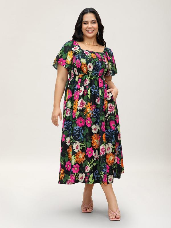 ⏰Soldes d'été : 70 % de réduction💃Robe midi à fleurs, col carré et smocks, avec poches