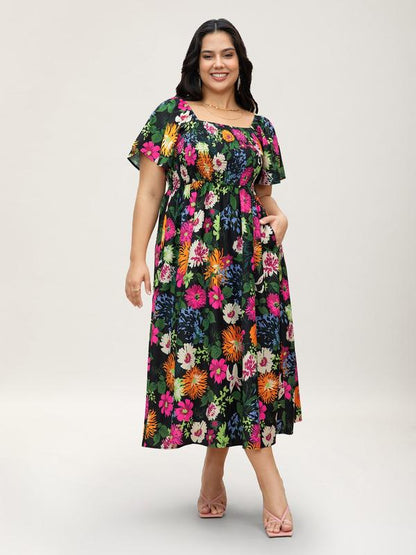 ⏰Soldes d'été : 70 % de réduction💃Robe midi à fleurs, col carré et smocks, avec poches