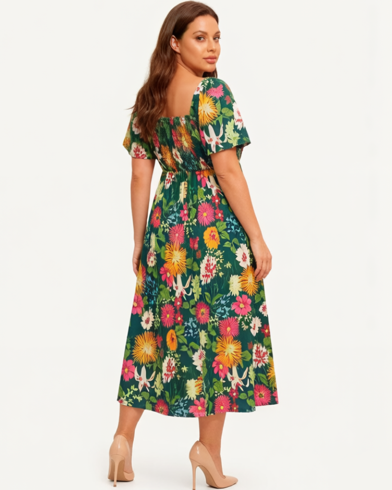⏰Soldes d'été : 70 % de réduction💃Robe midi à fleurs, col carré et smocks, avec poches