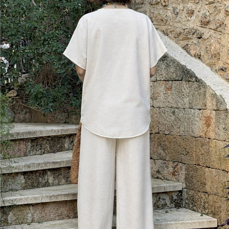 👕 OFFRE LIMITÉE : 50 % DE RÉDUCTION ! ✨ Ensemble haut et pantalon à boutons – Mélange de lin, jambes larges, coupe décontractée 🍂