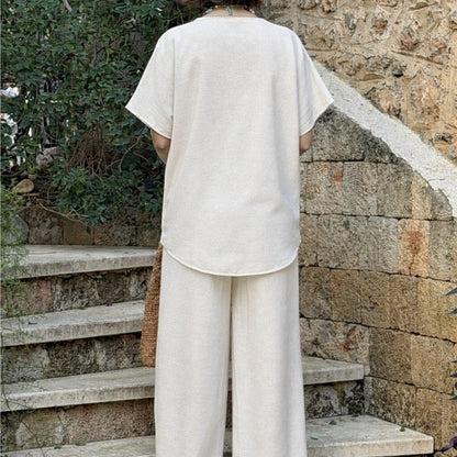 👕 OFFRE LIMITÉE : 50 % DE RÉDUCTION ! ✨ Ensemble haut et pantalon à boutons – Mélange de lin, jambes larges, coupe décontractée 🍂