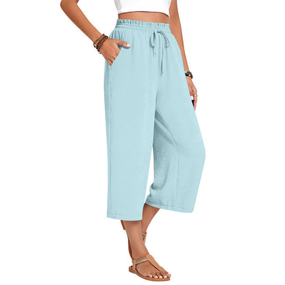 Pantalon capri large en coton et lin pour femme