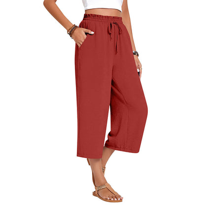 Pantalon capri large en coton et lin pour femme