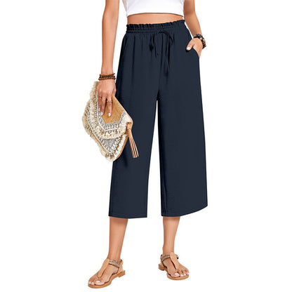 Pantalon capri large en coton et lin pour femme