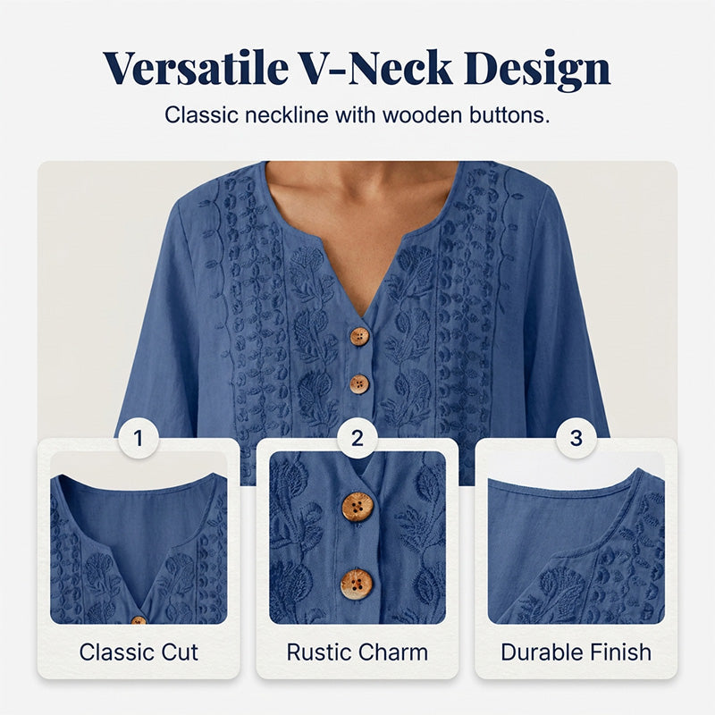 Robe en lin à col en V brodée pour femme