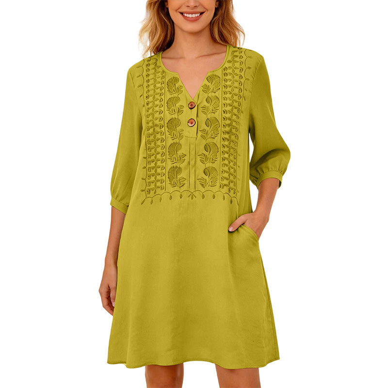 Robe en lin à col en V brodée pour femme