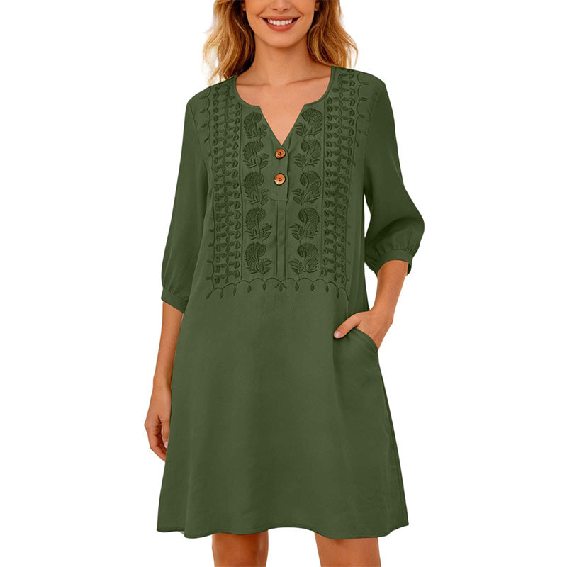 Robe en lin à col en V brodée pour femme
